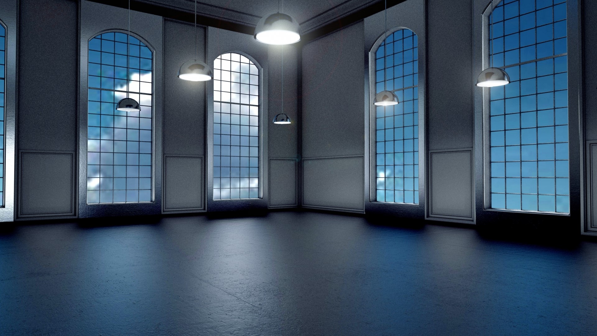 Empty hall with large arched windows HD Wallpaper