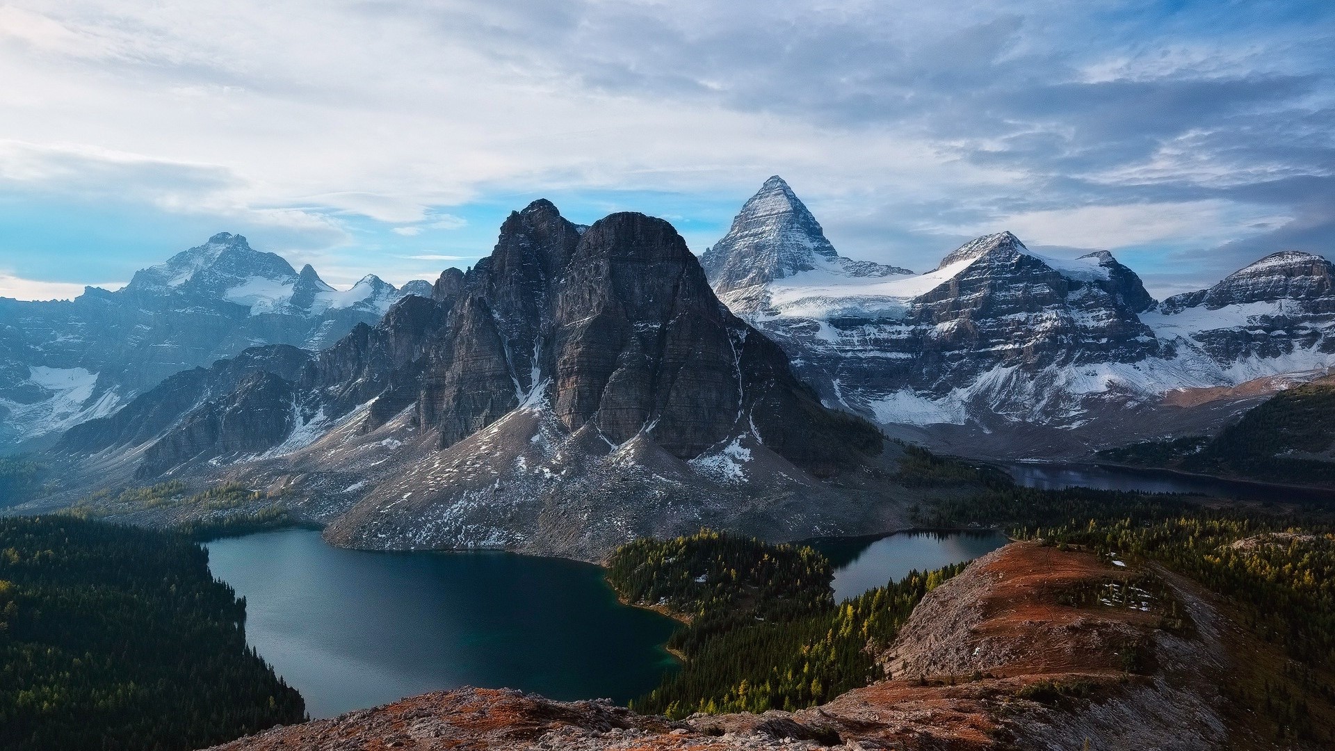 Mountain range with lake and forest HD Wallpaper
