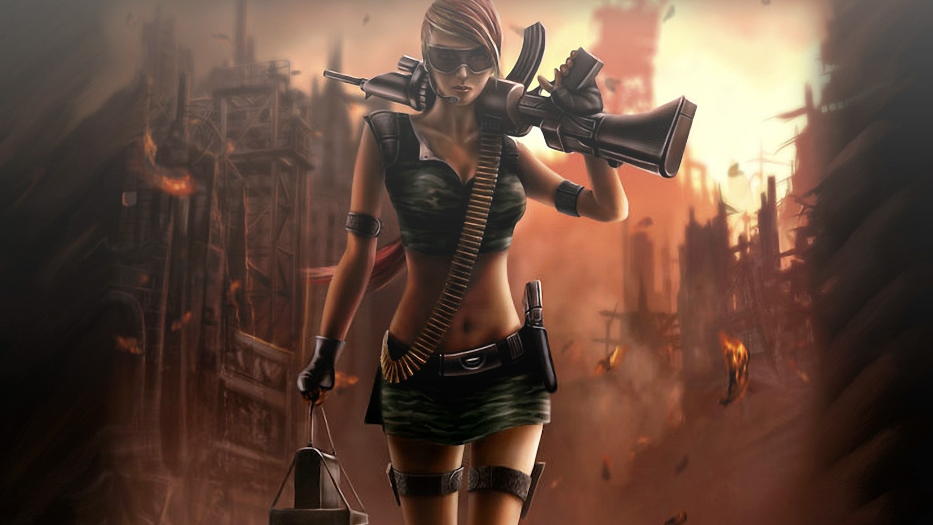 Woman with machine gun in post-apocalyptic city HD Wallpaper
