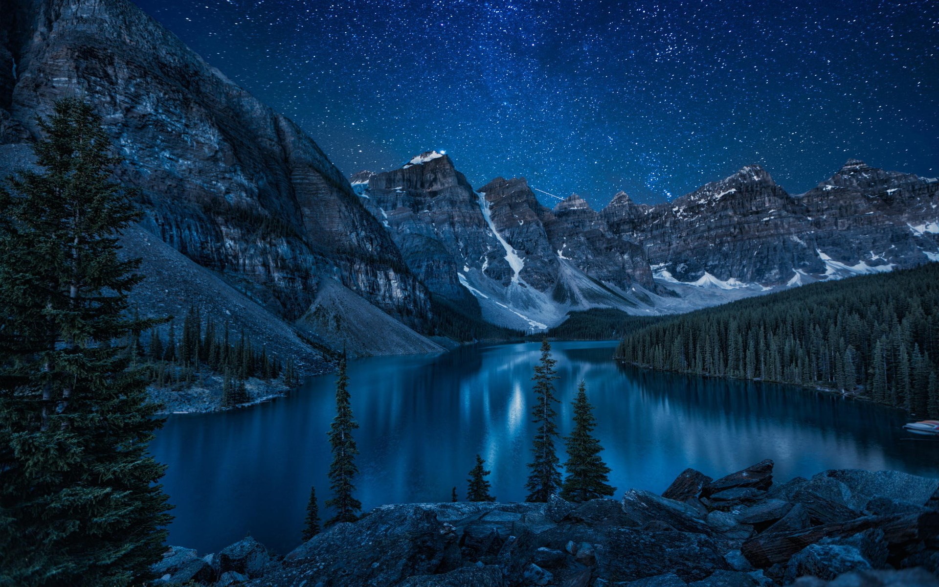 Mountain lake under starry night sky HD Wallpaper