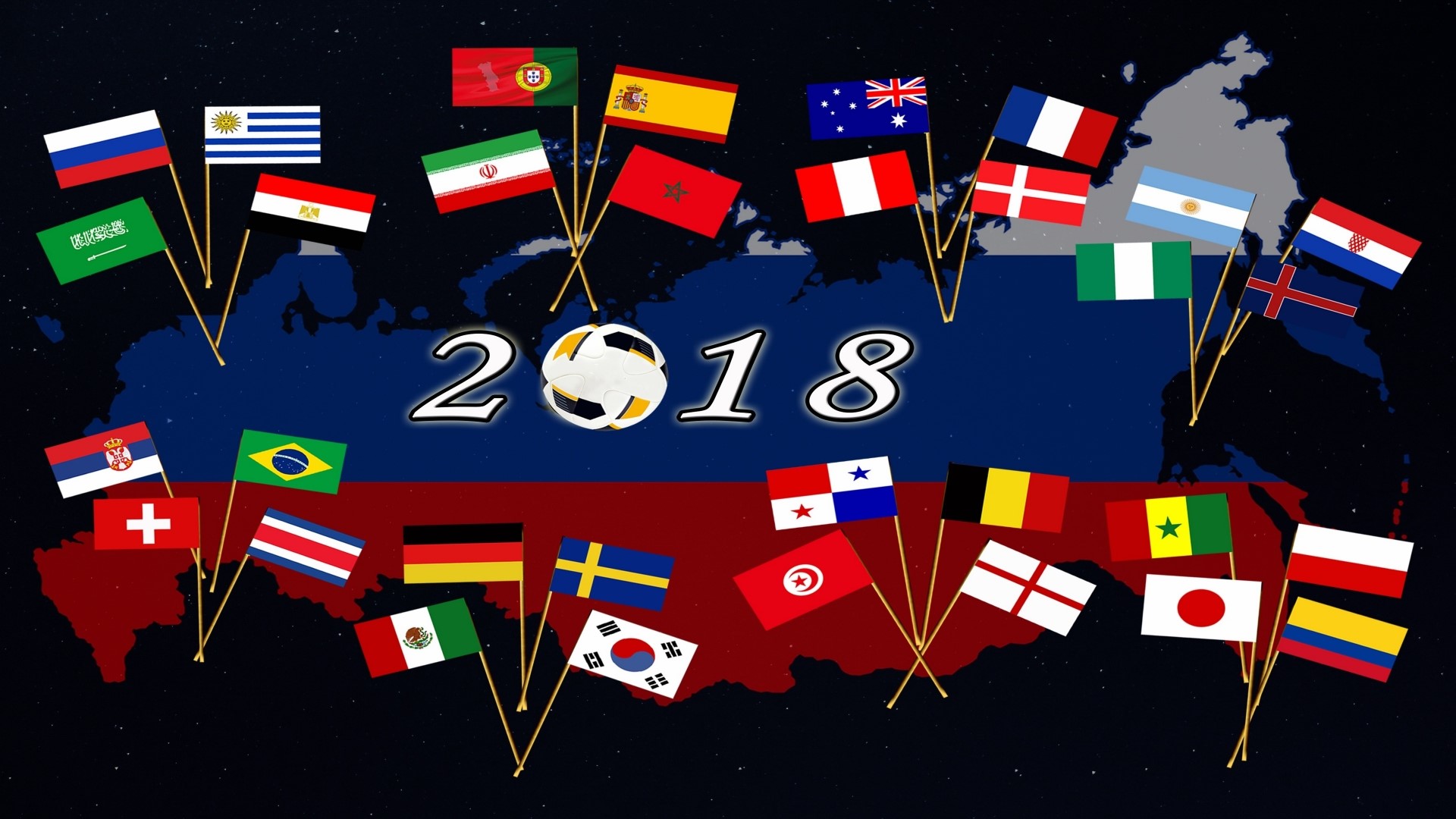 2018 FIFA World Cup flags on Russia map HD Wallpaper
