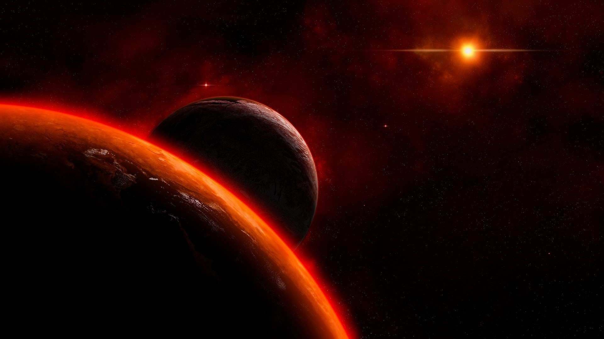 Planets and a star in a red nebula HD Wallpaper