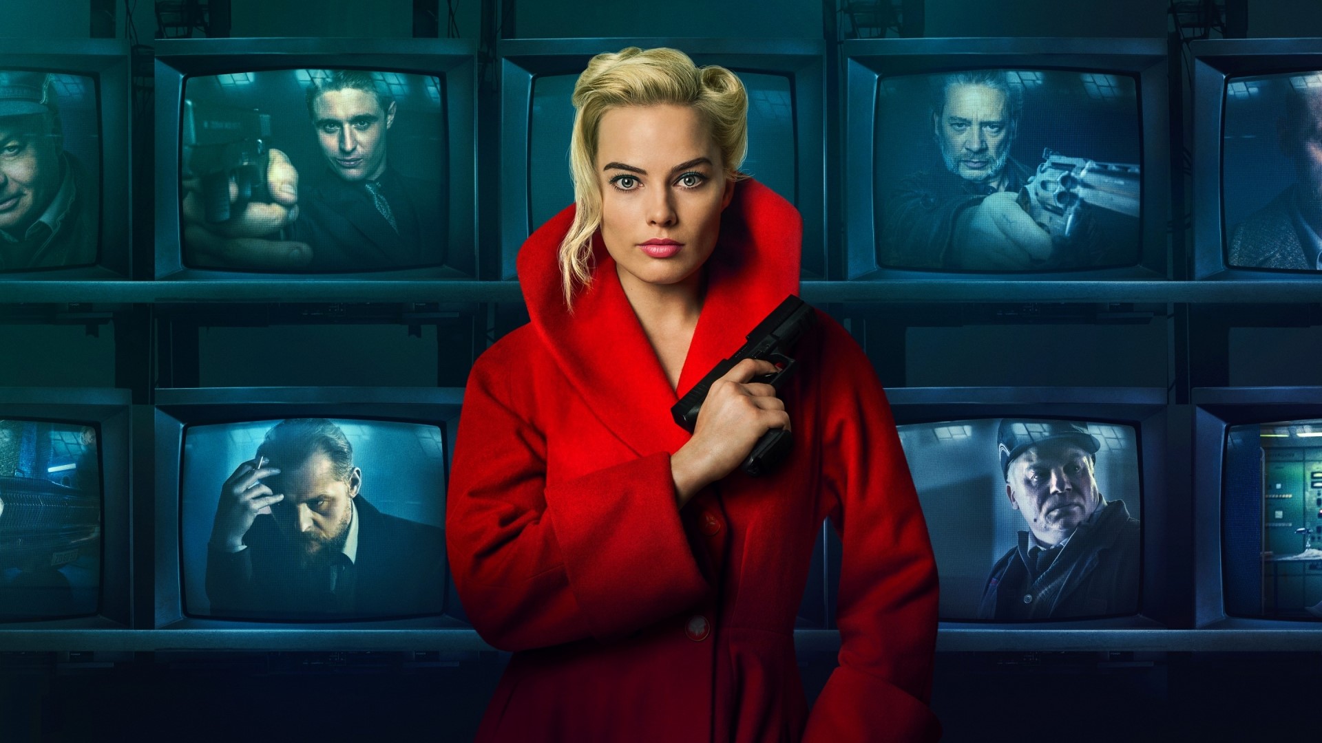 Margot Robbie in a red coat holding a gun HD Wallpaper