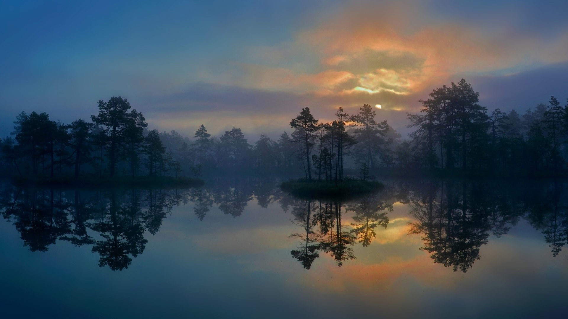 Misty morning over a calm lake with trees HD Wallpaper