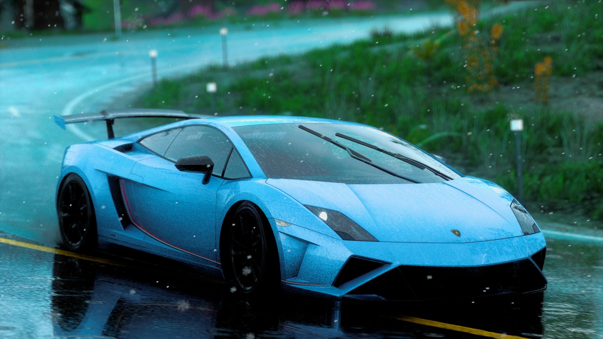 Blue Lamborghini Gallardo in the rain HD Wallpaper