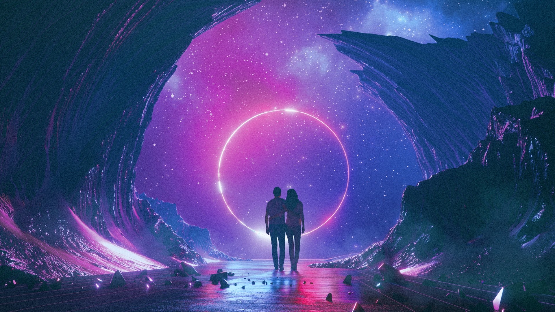 Couple walking towards a glowing ring in a cosmic cave HD Wallpaper
