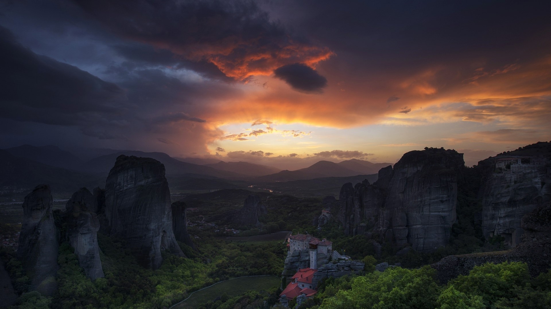Meteora monasteries at sunset, Greece HD Wallpaper