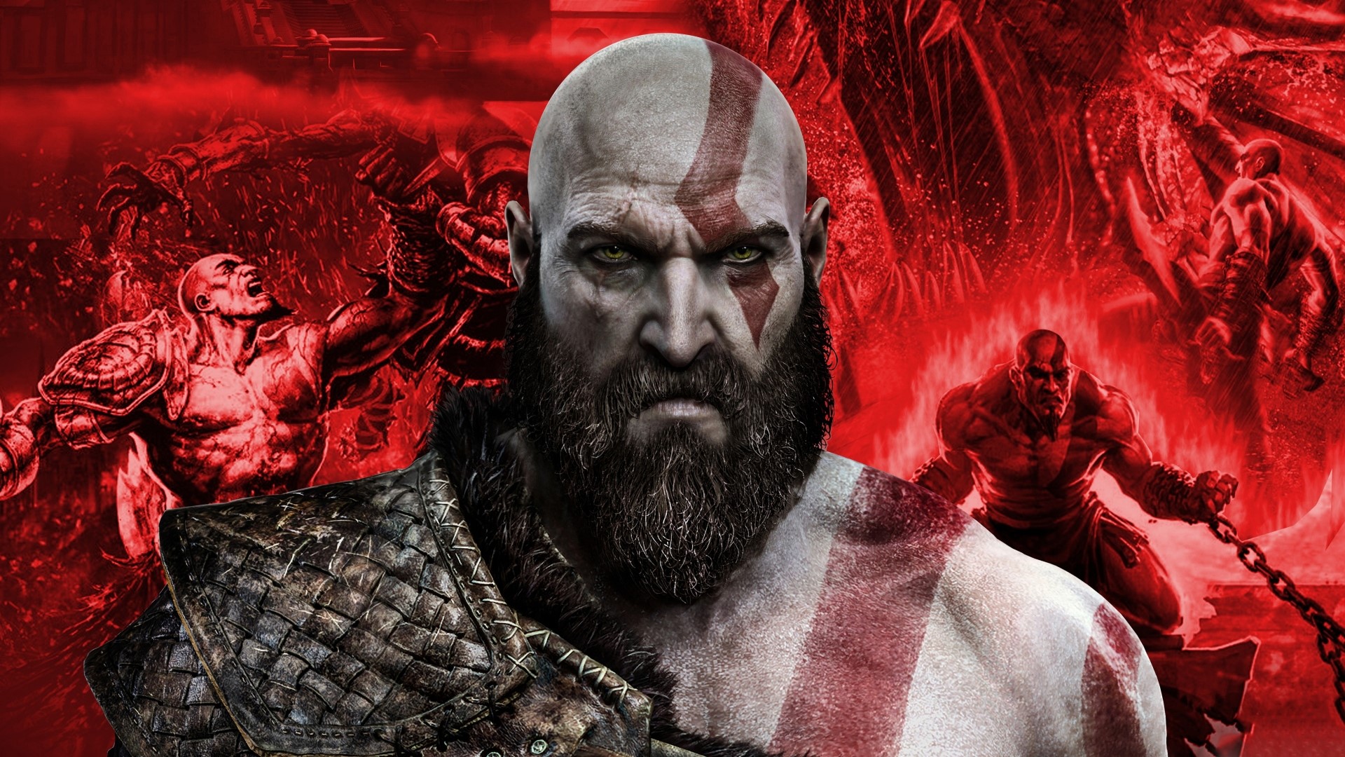 Kratos from God of War in a red, hellish landscape HD Wallpaper