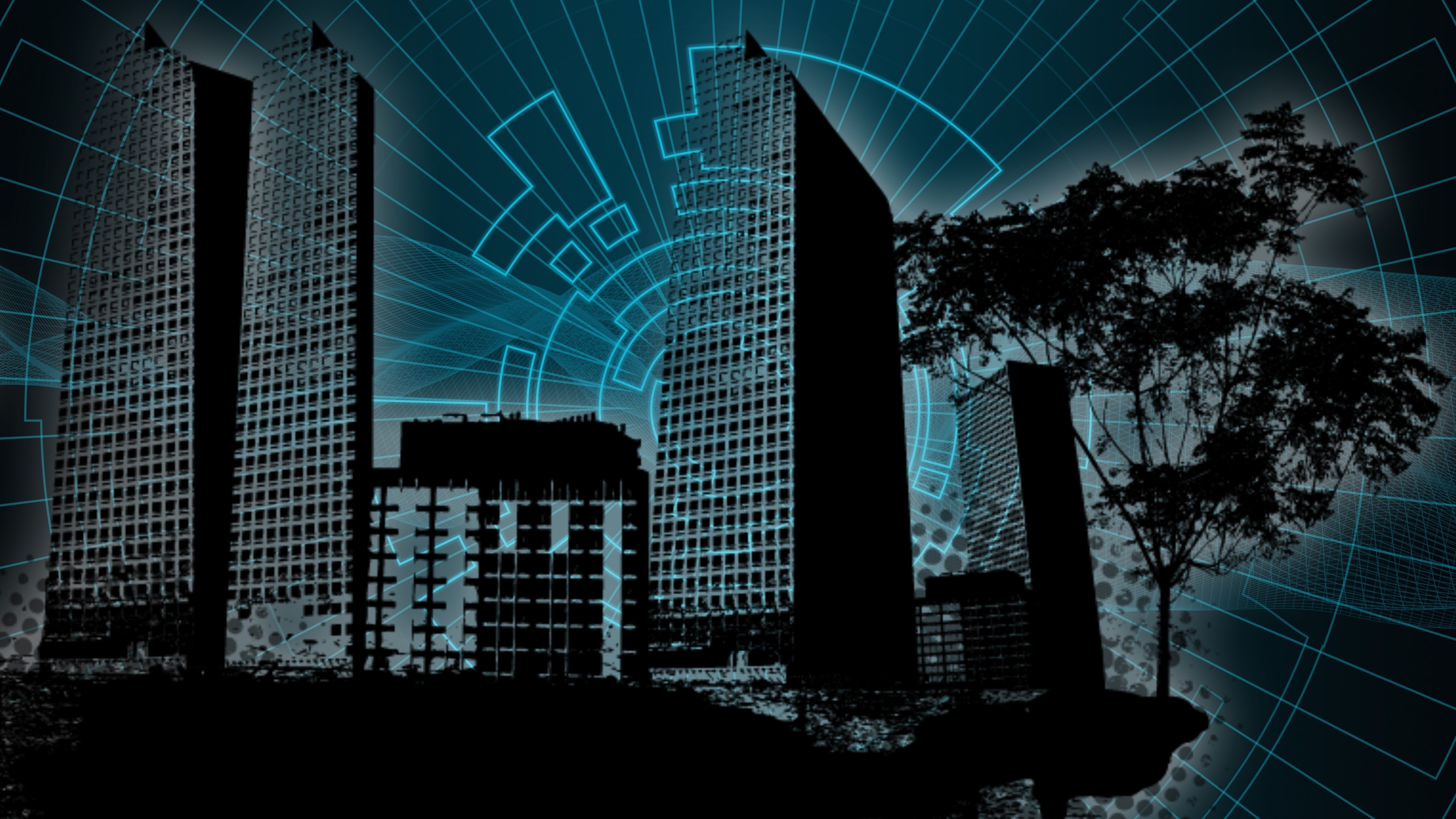 4K Architecture with Digital Overlay HD Wallpaper
