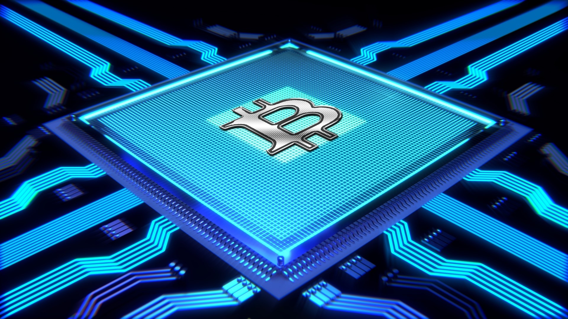 Bitcoin symbol on a glowing blue CPU chip HD Wallpaper
