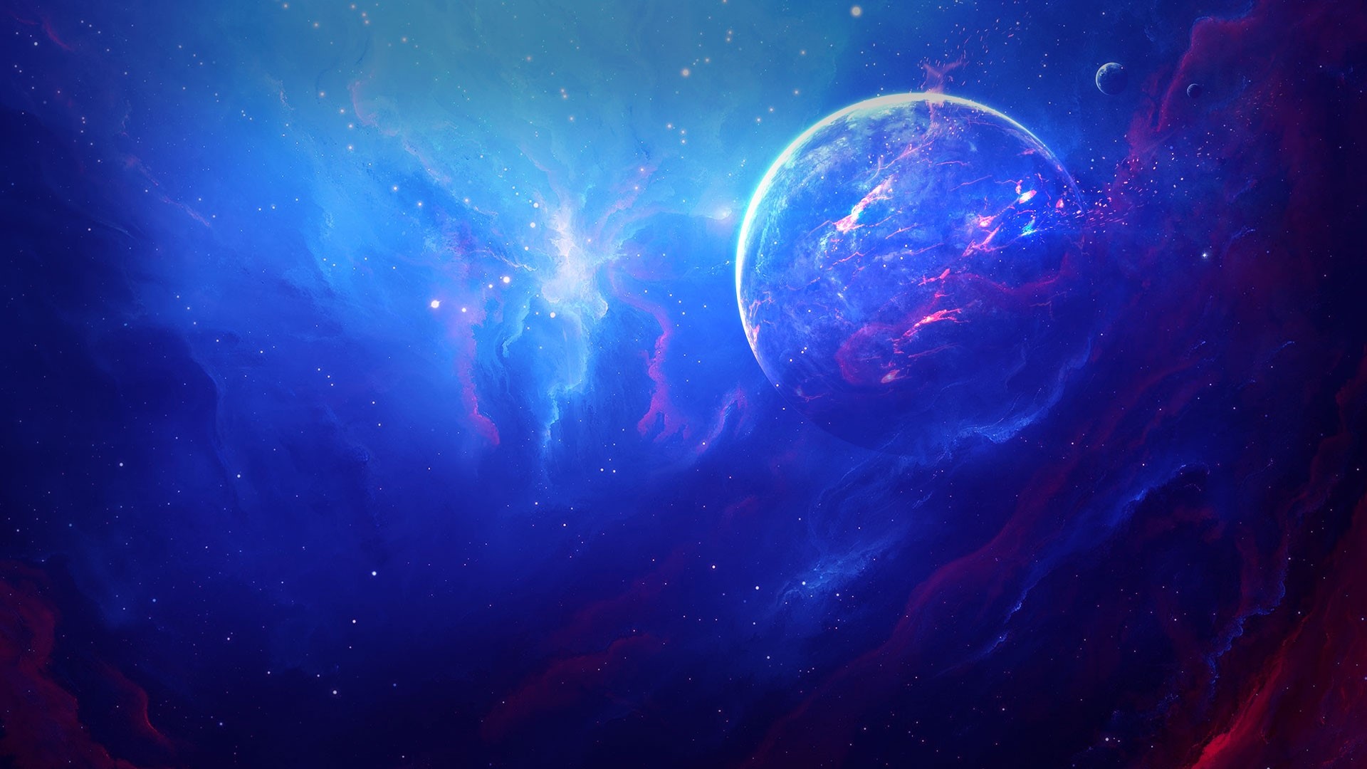 Planet in a blue and purple nebula HD Wallpaper