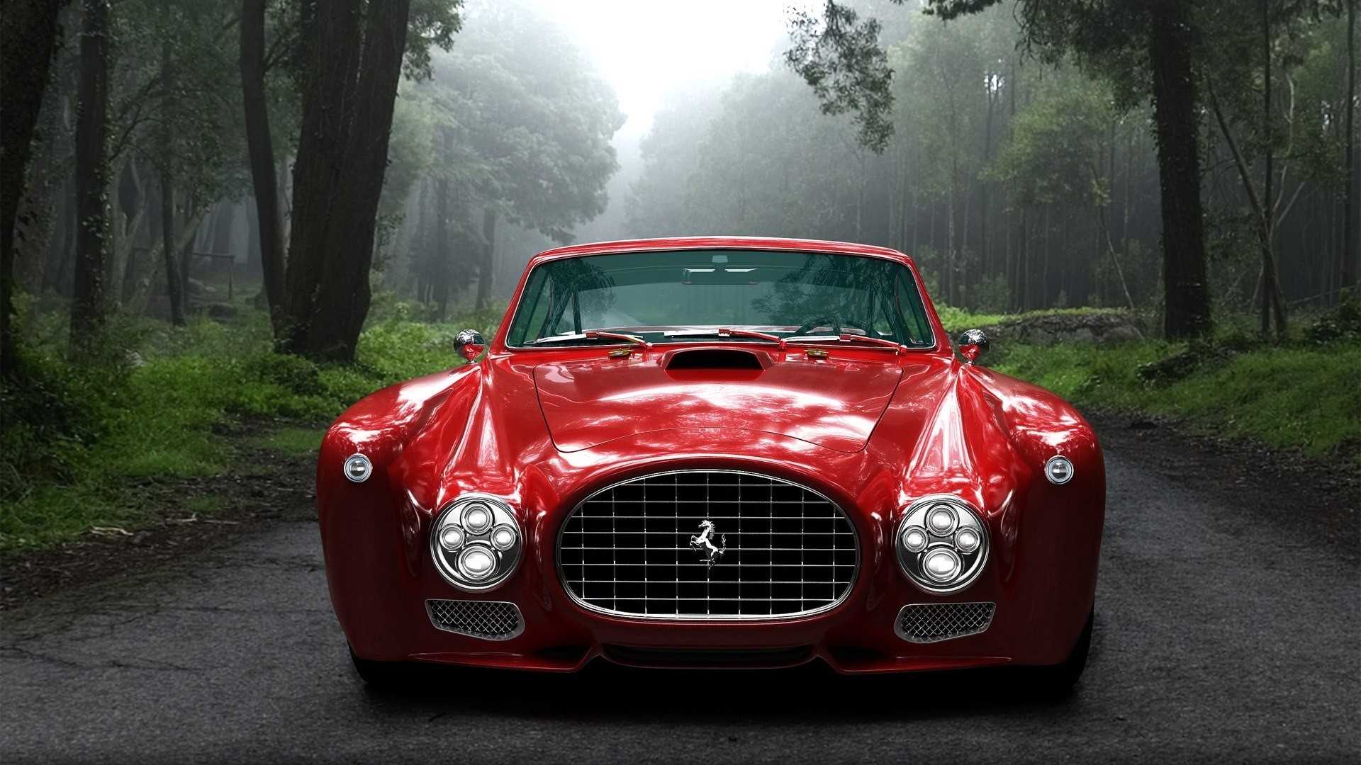 Red Ferrari F 340 Competizione on a forest road HD Wallpaper