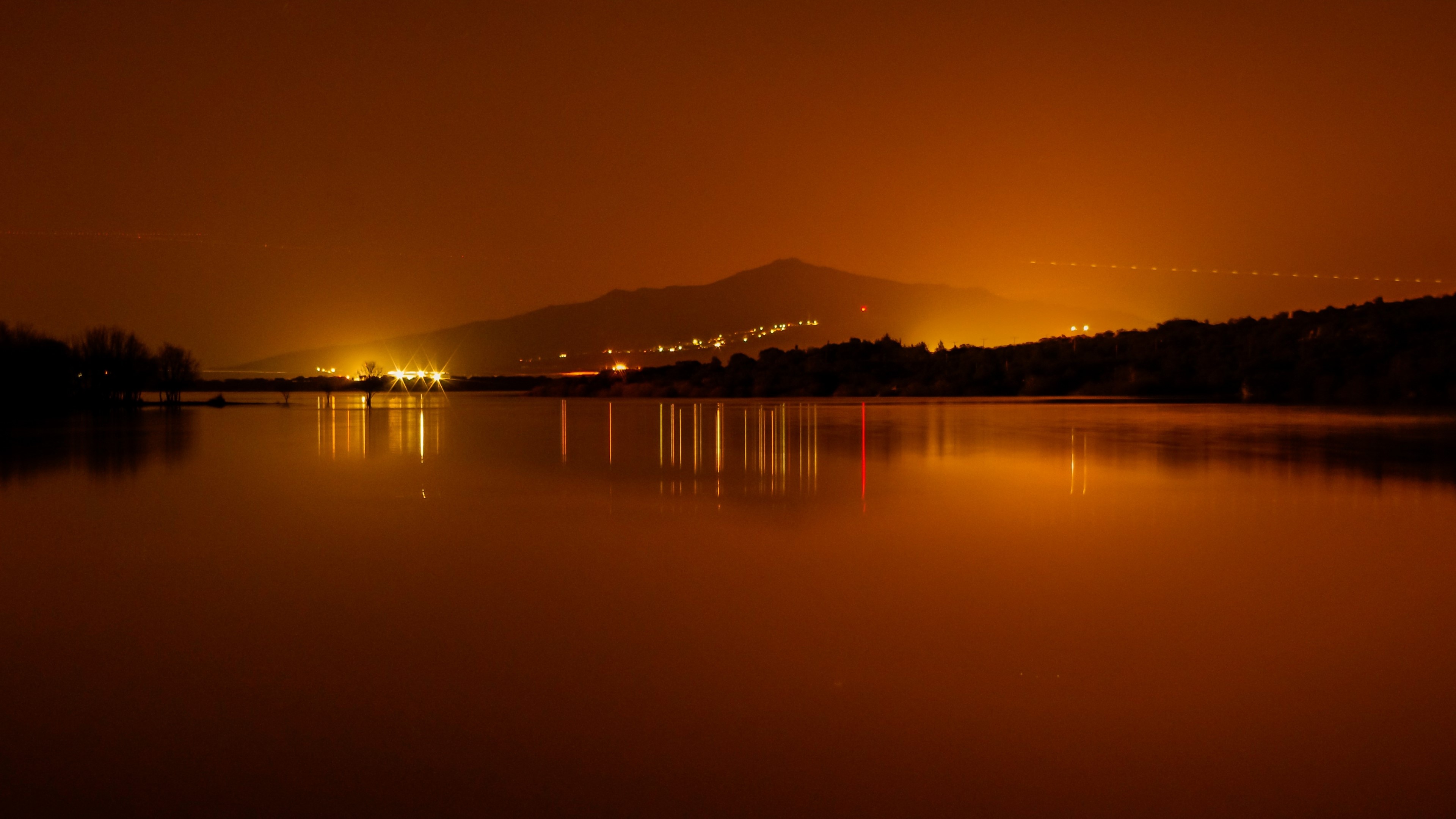 Lake at Dusk with Distant Lights HD Wallpaper