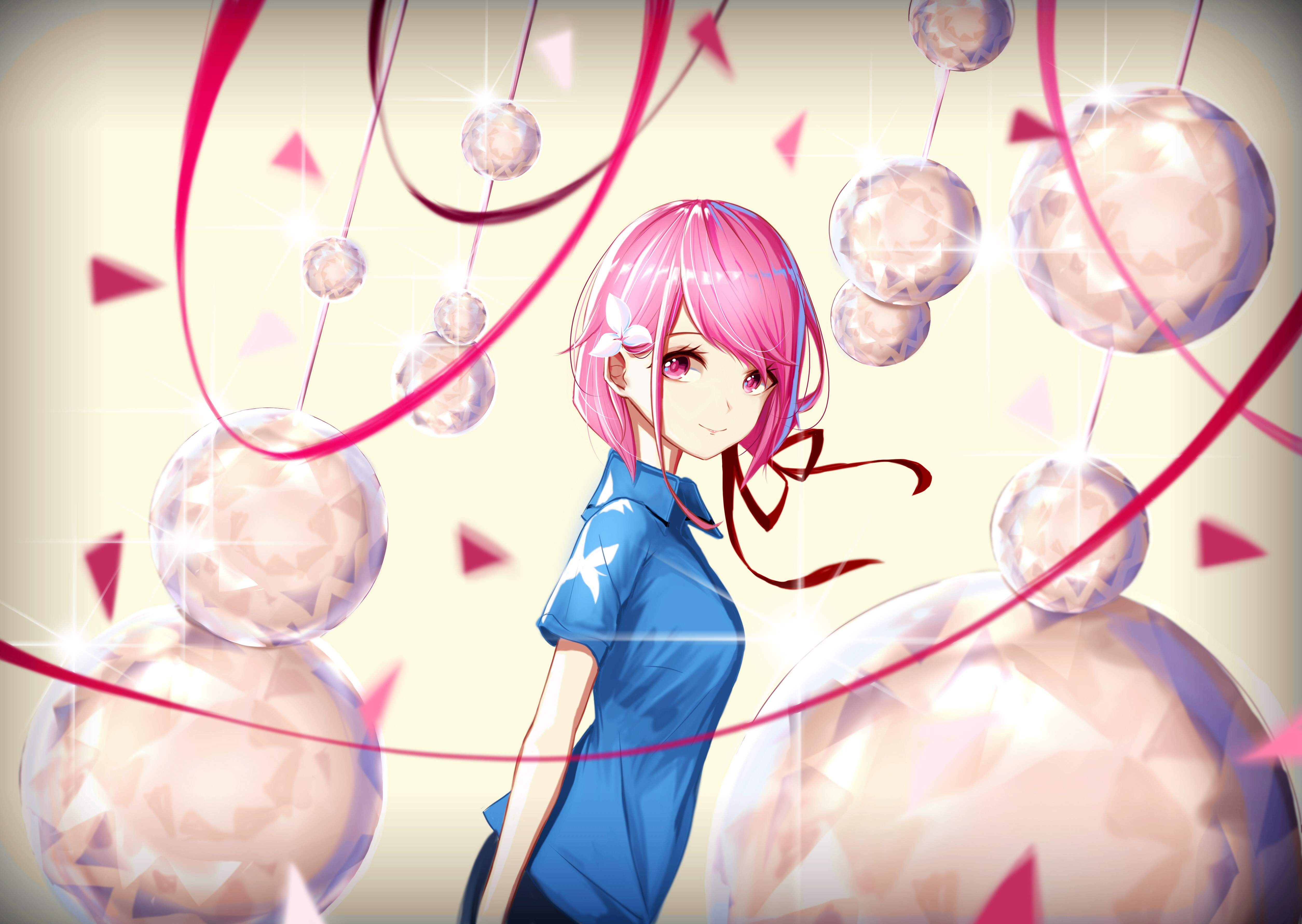 Anime girl with pink hair and blue shirt HD Wallpaper