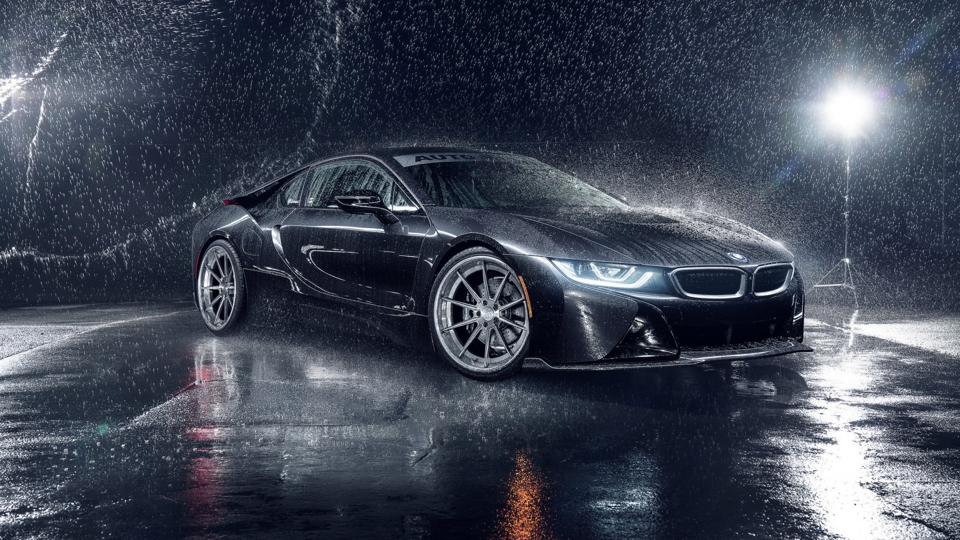 Black BMW i8 in the rain HD Wallpaper