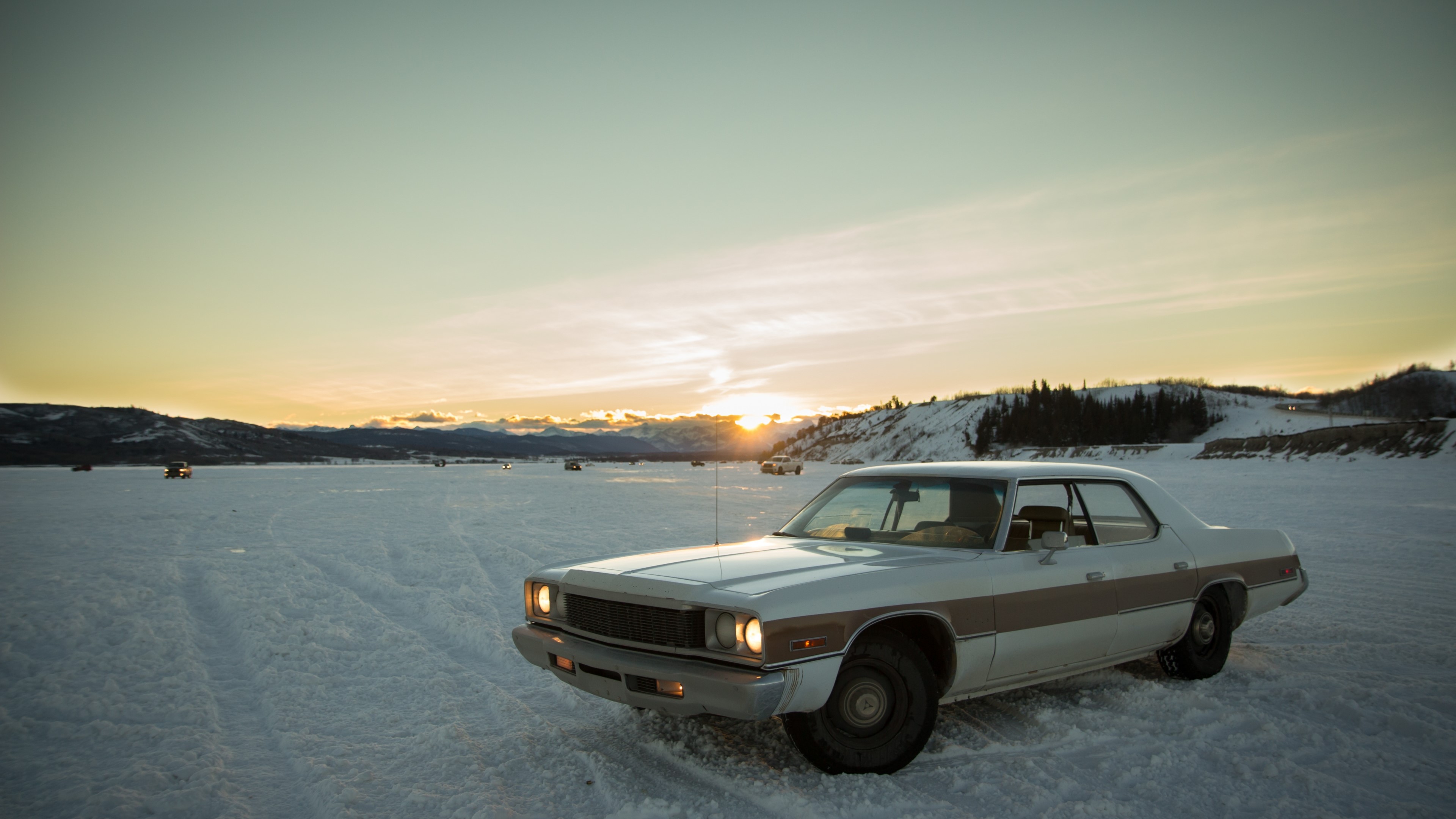 4K Dodge on a Frozen Lake at Sunset HD Wallpaper