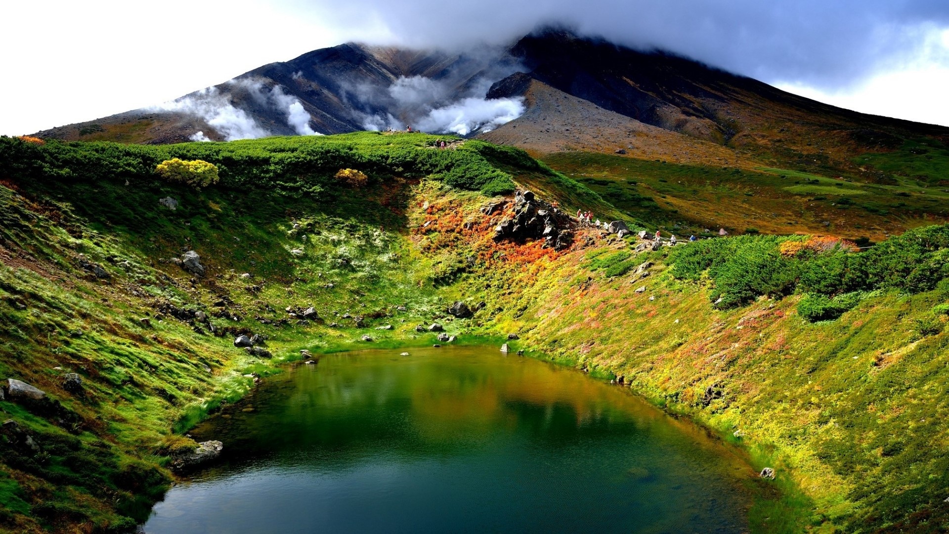 Volcanic Crater Lake with Steaming Mountain HD Wallpaper