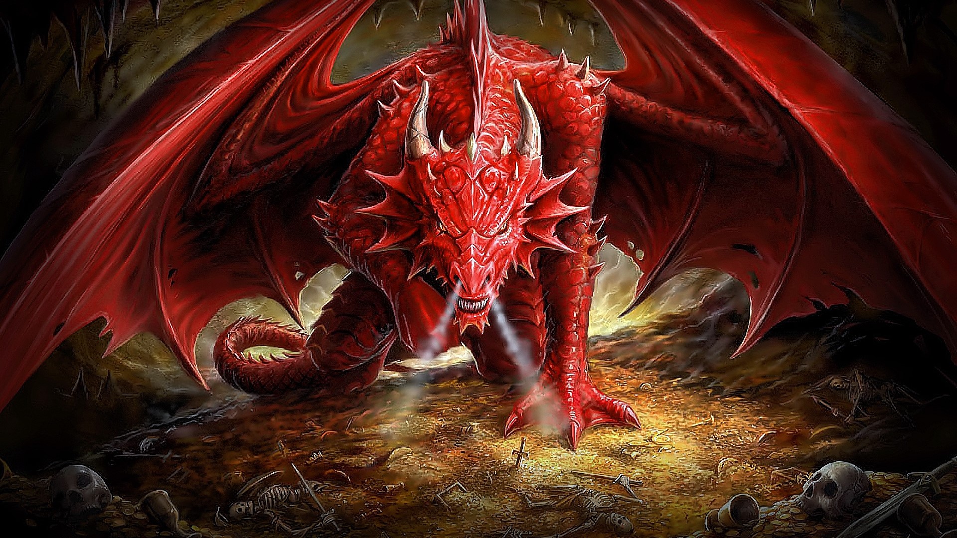 Red Dragon in a Cave with Skeletons HD Wallpaper