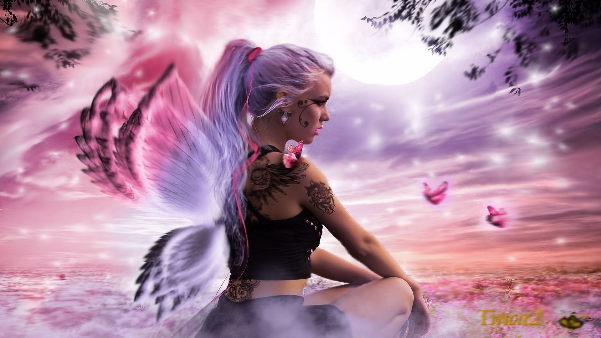 Fairy with wings in a magical landscape HD Wallpaper