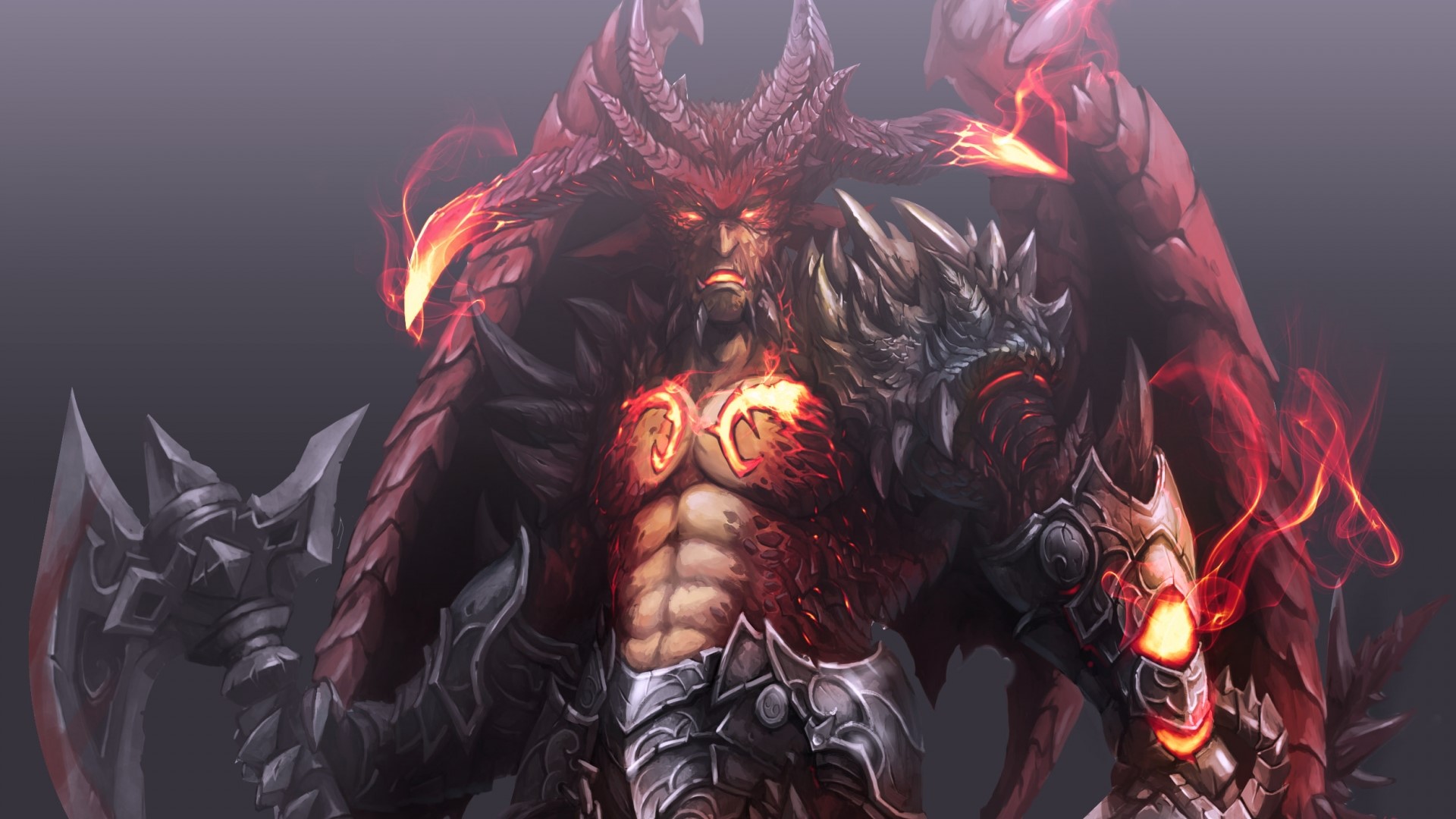 Demon with horns and wings holding an axe HD Wallpaper