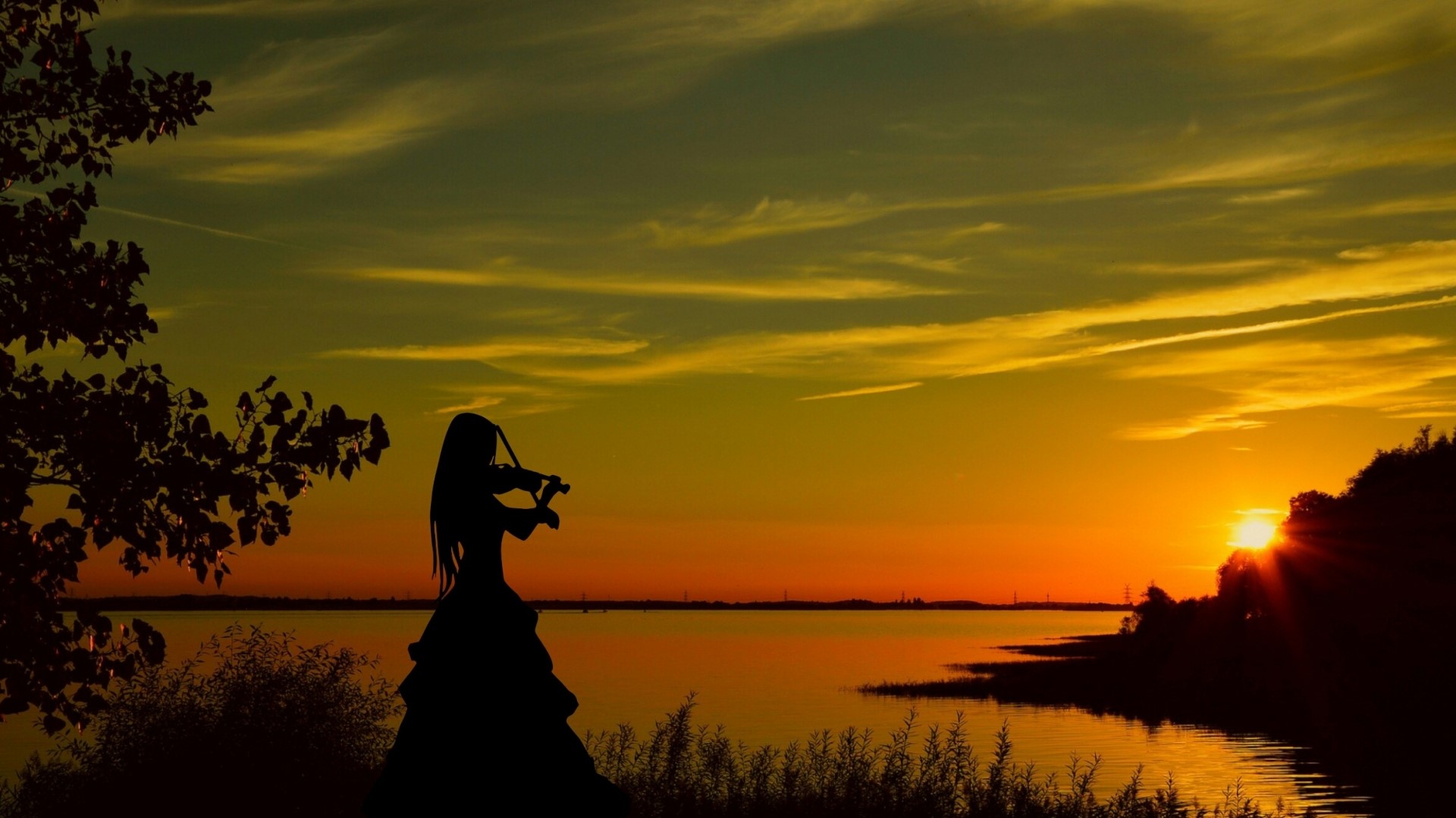 Silhouette of a woman playing the violin at sunset HD Wallpaper