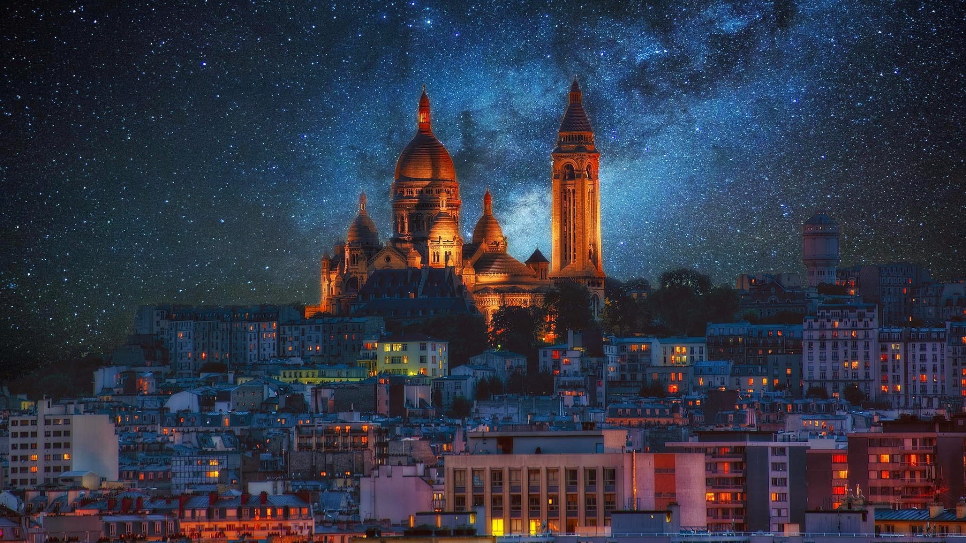 Sacré-Cœur Basilica in Paris under the Milky Way HD Wallpaper