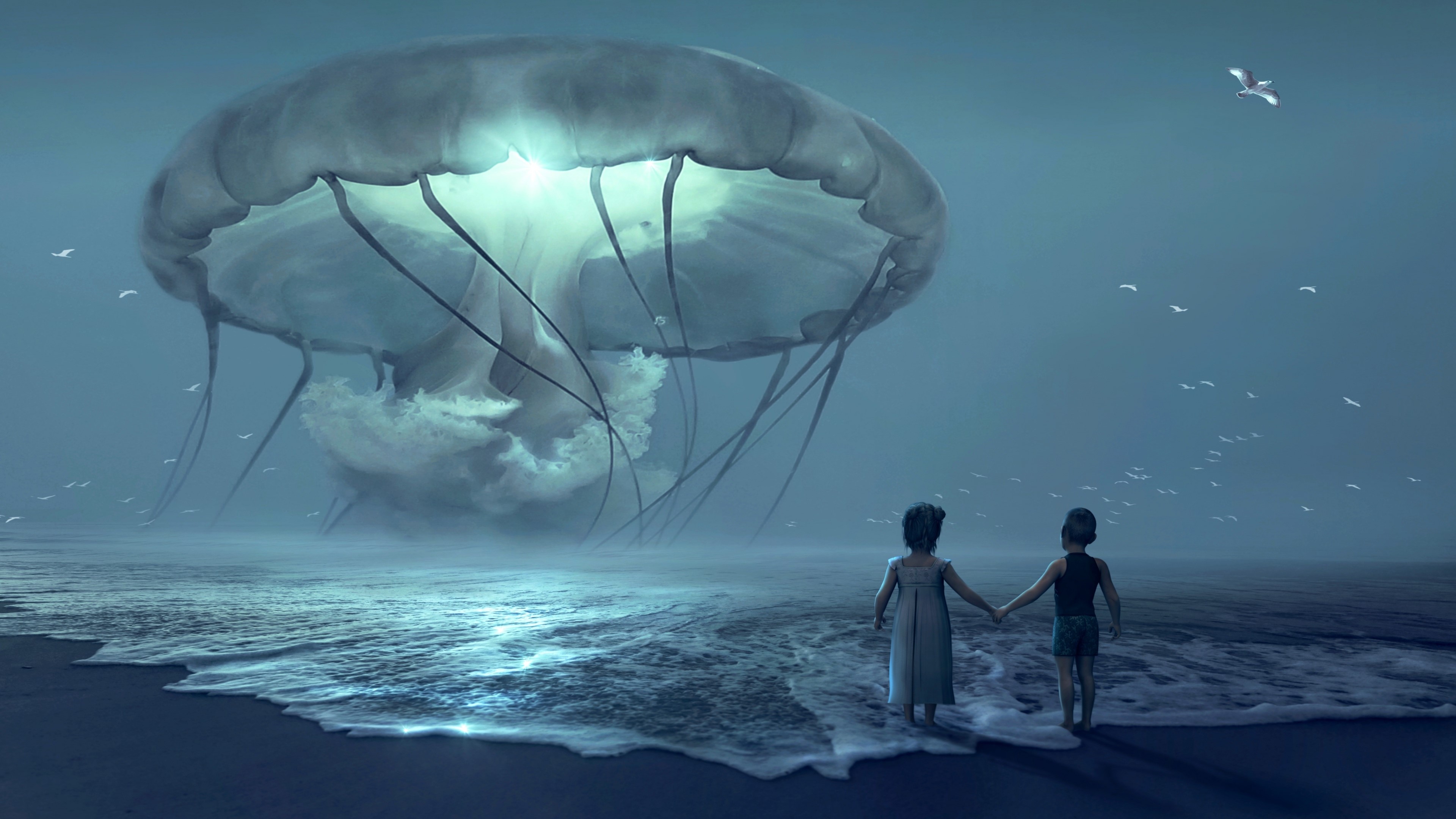 4K Fantasy Giant Jellyfish and Children on Beach HD Wallpaper