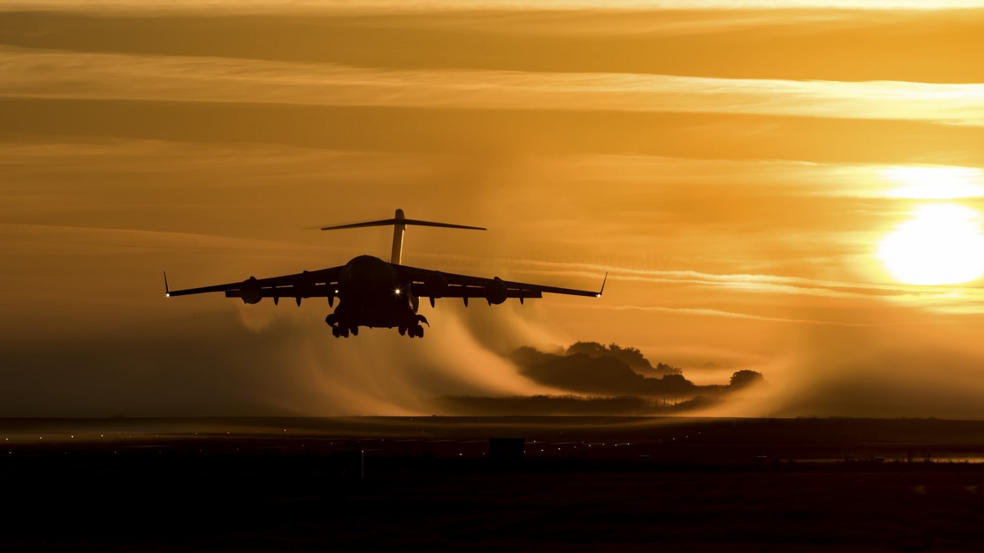 Airplane taking off at sunset HD Wallpaper