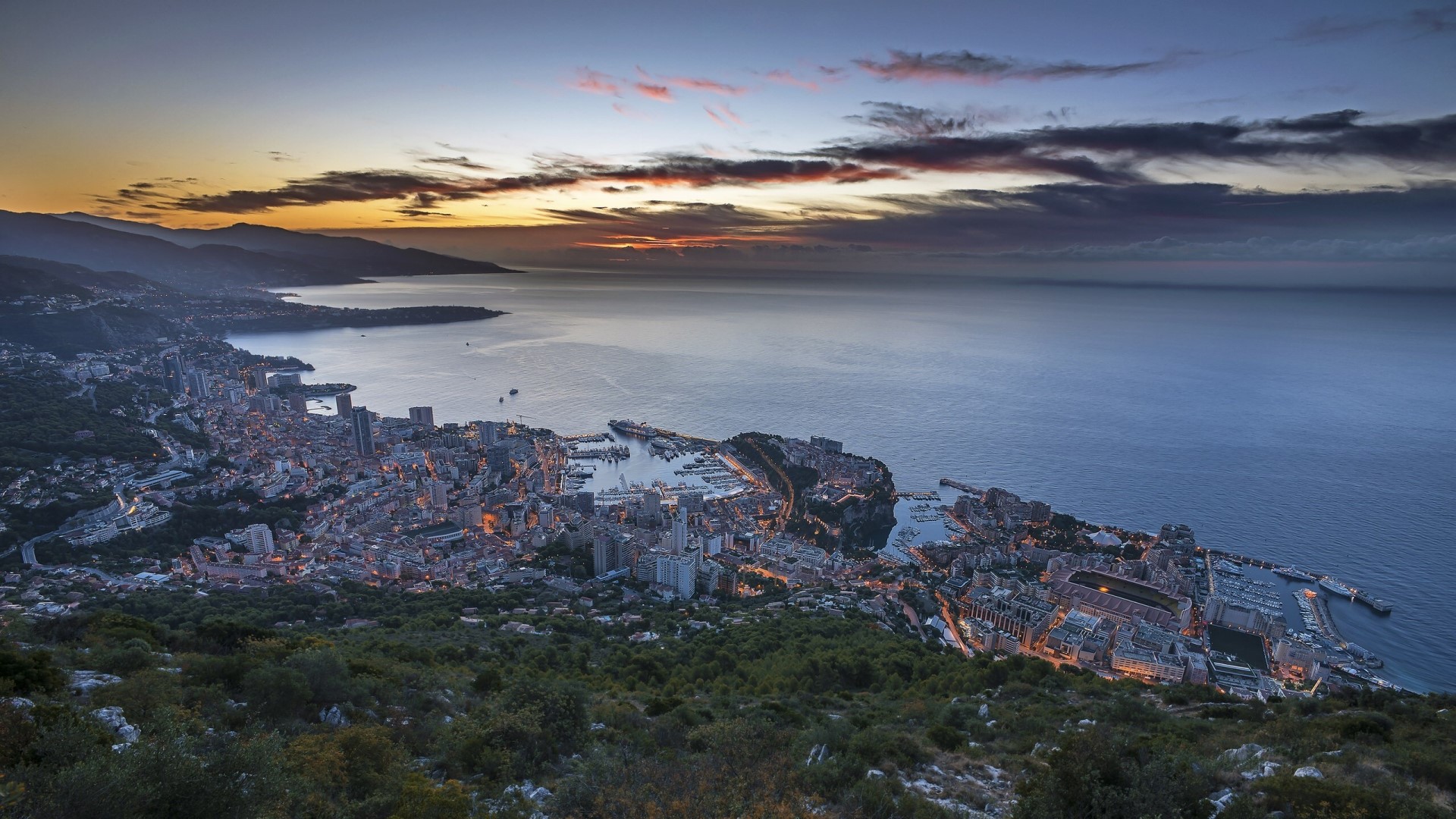 Monaco cityscape at dusk overlooking the sea HD Wallpaper