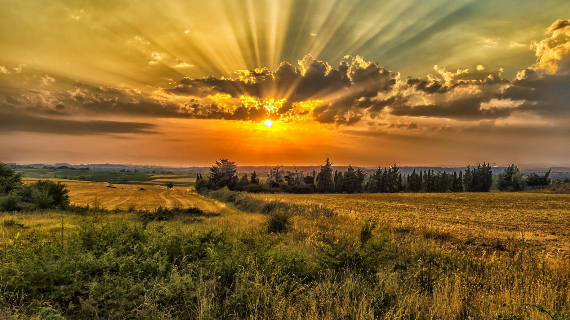 Sunset over a rural landscape with sun rays HD Wallpaper