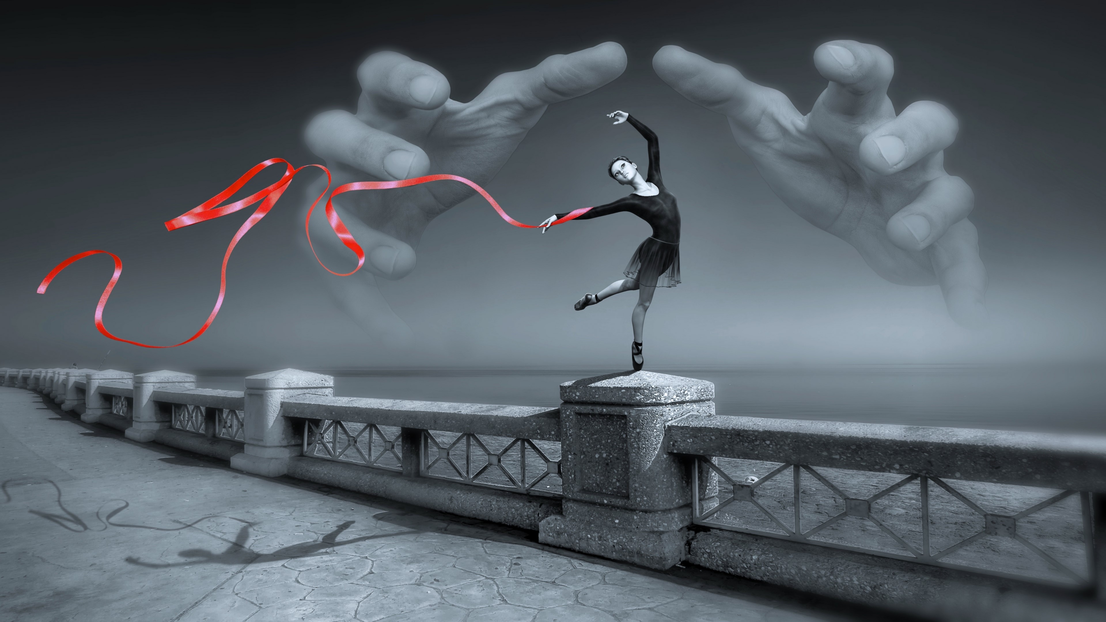 Ballerina with Red Ribbon and Giant Hands HD Wallpaper
