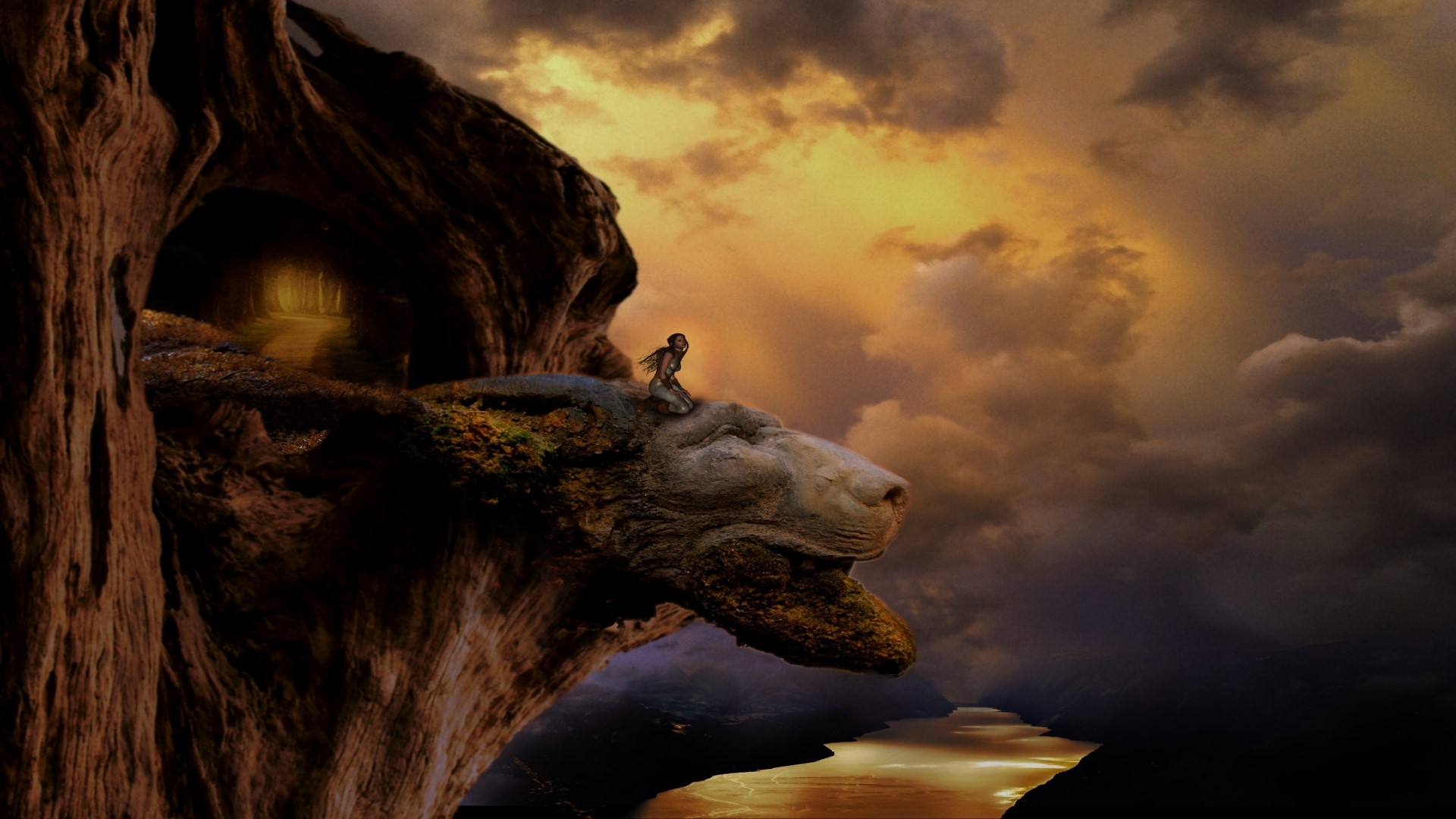 Fantasy landscape with a figure on a stone creature HD Wallpaper