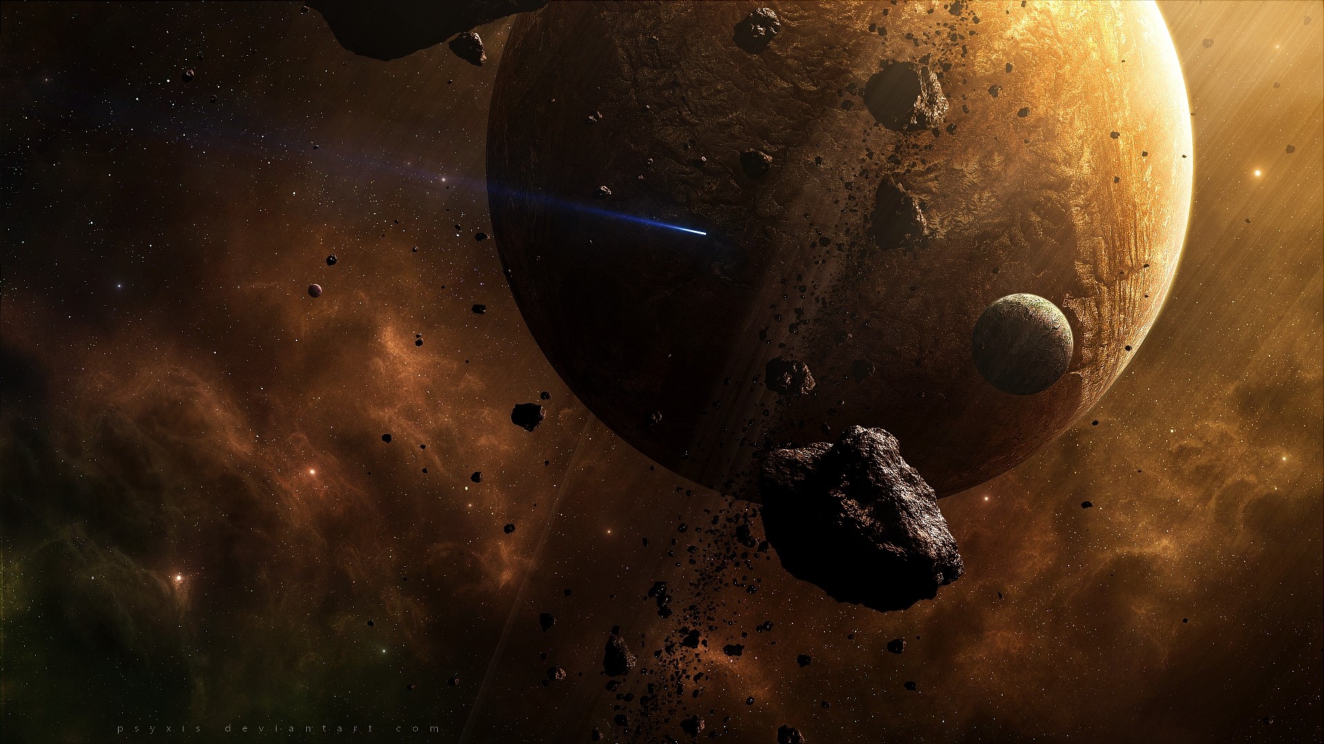 Planet and moon in space with asteroids HD Wallpaper