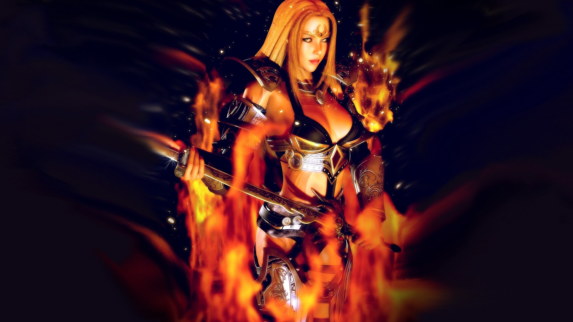 Woman in armor surrounded by fire HD Wallpaper