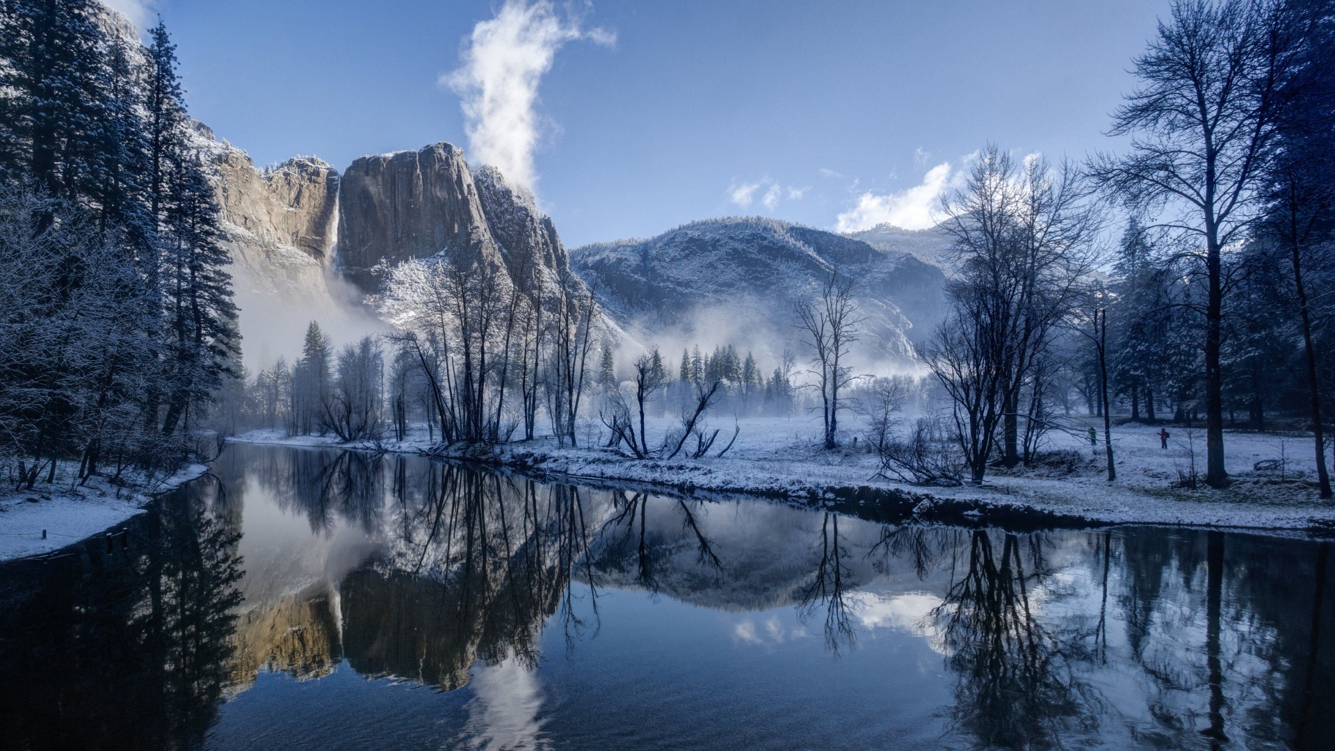 Snowy Yosemite Valley with River and Mountains HD Wallpaper