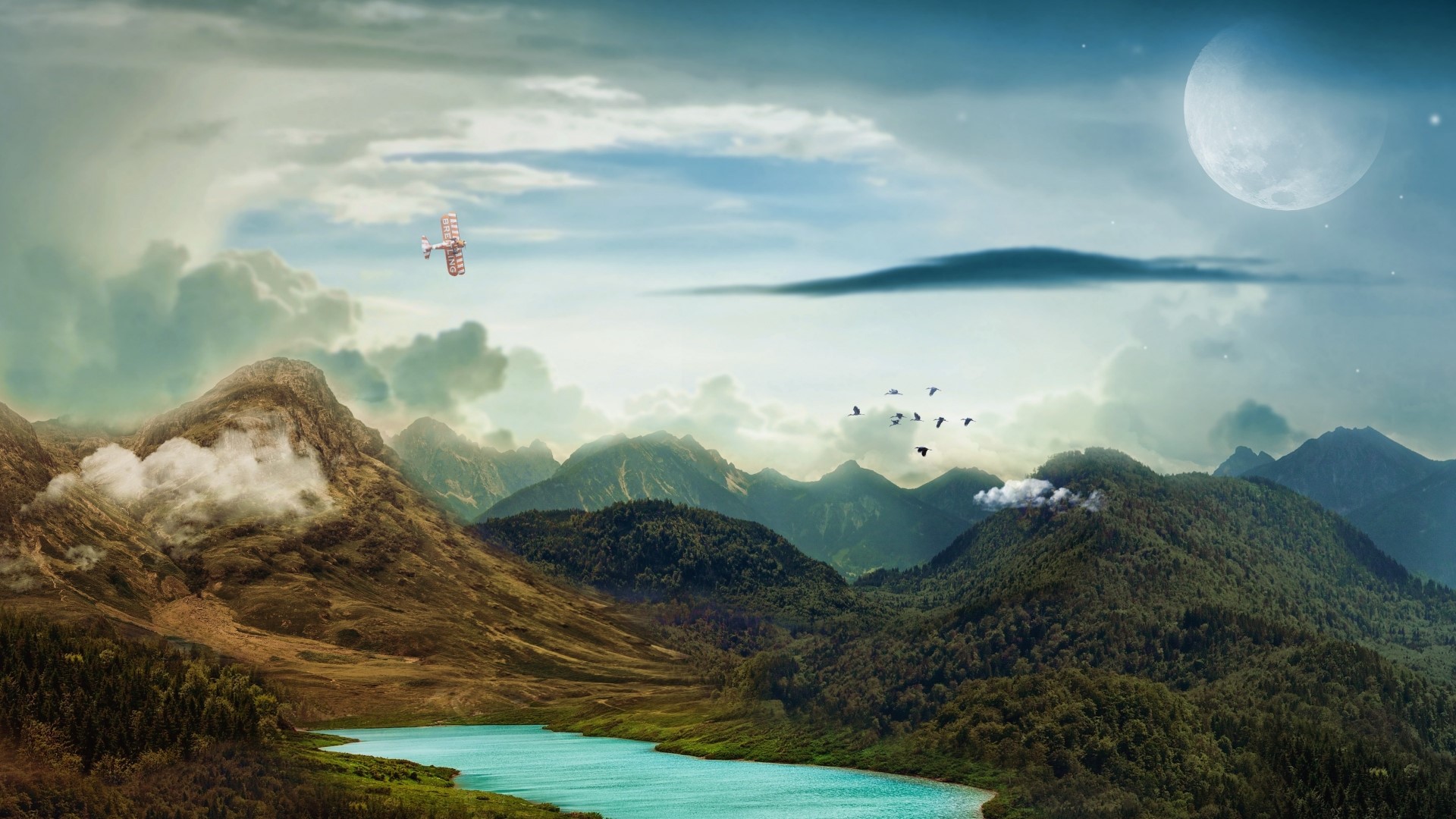 Airplane flying over mountains with moon HD Wallpaper