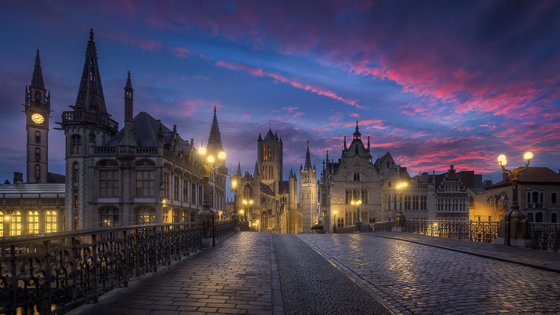 Ghent, Belgium at twilight with historic buildings HD Wallpaper