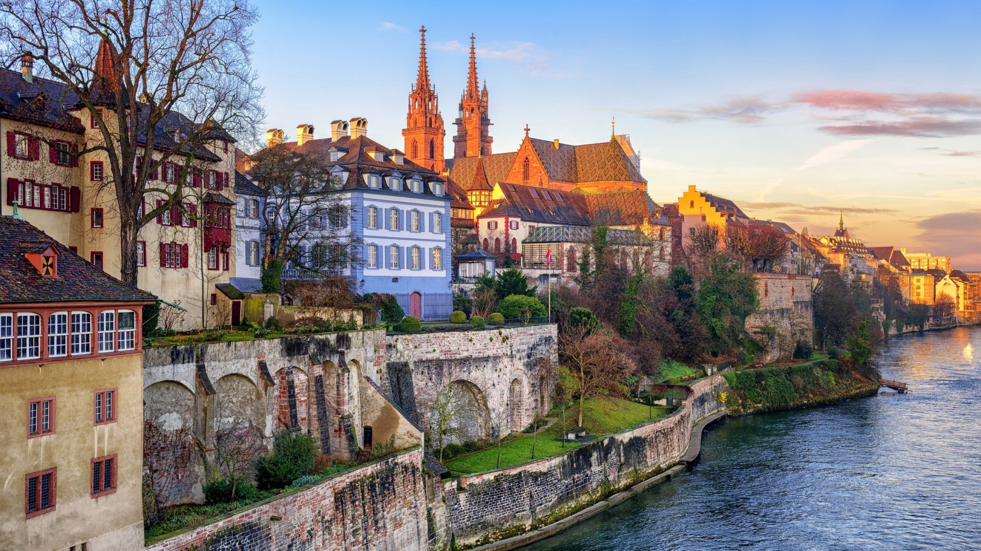 Basel, Switzerland cityscape with river and cathedral HD Wallpaper