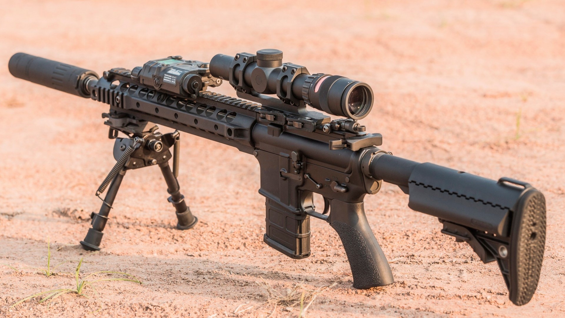 AR-15 rifle with scope and bipod HD Wallpaper