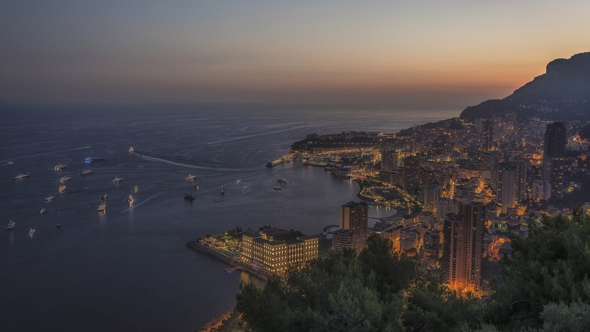 Monaco cityscape and harbor at dusk HD Wallpaper