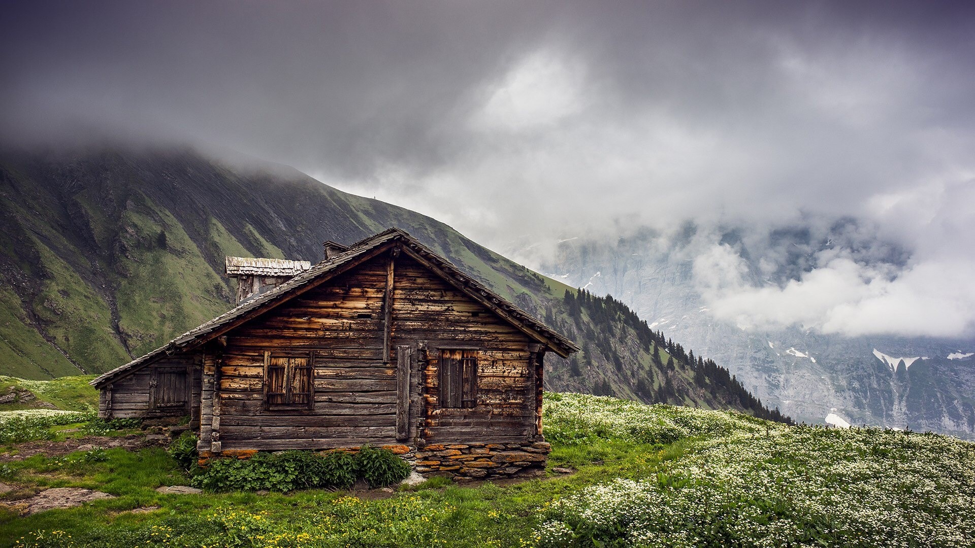 Wooden cabin in Grindelwald, Switzerland mountains HD Wallpaper