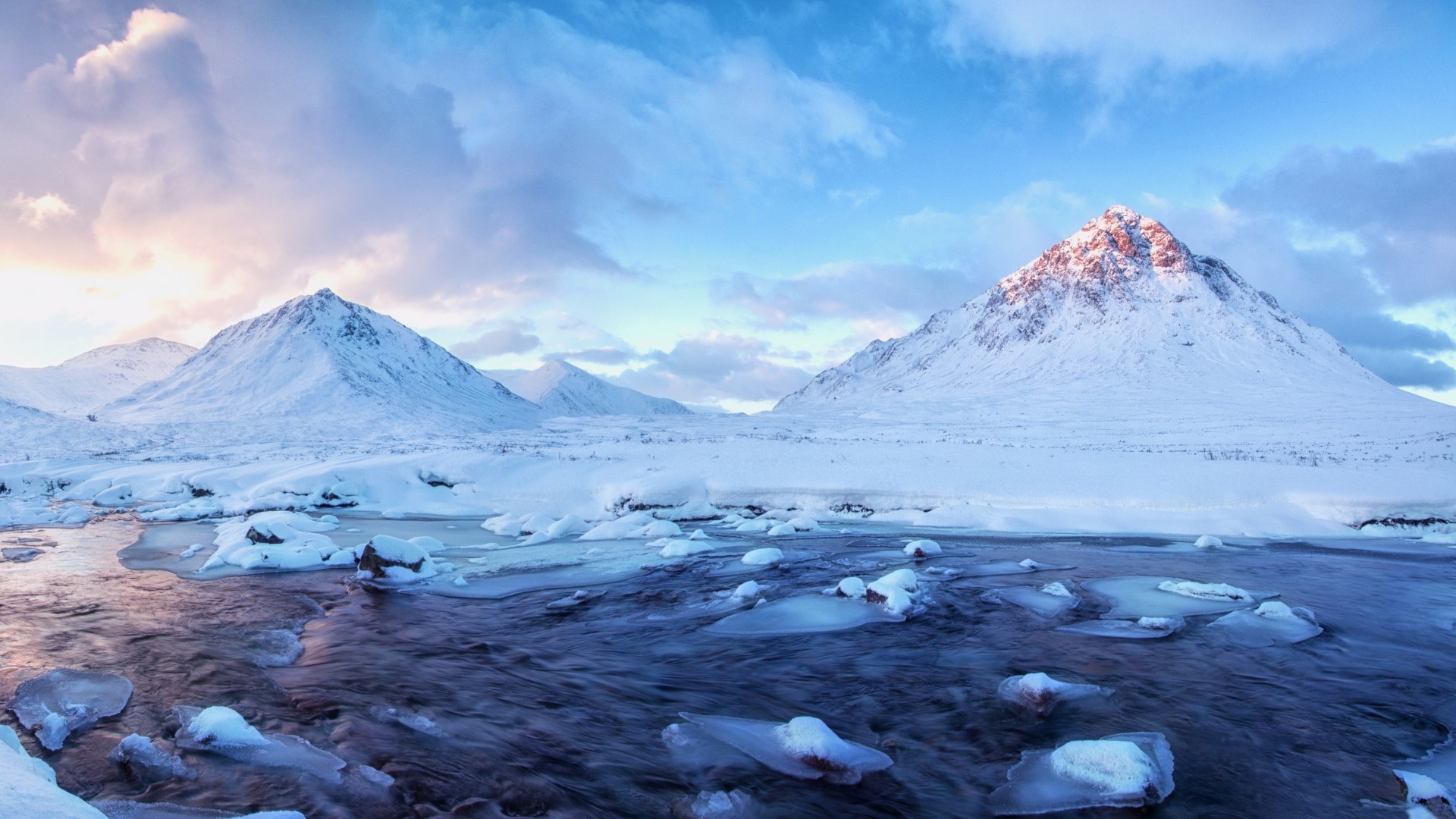 Snowy Mountains and Frozen River Landscape HD Wallpaper