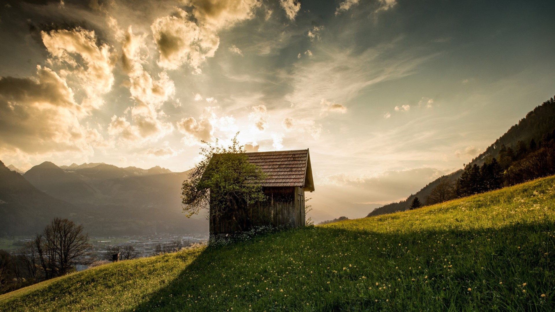 Small wooden cabin on a grassy hill in the Austrian Alps HD Wallpaper