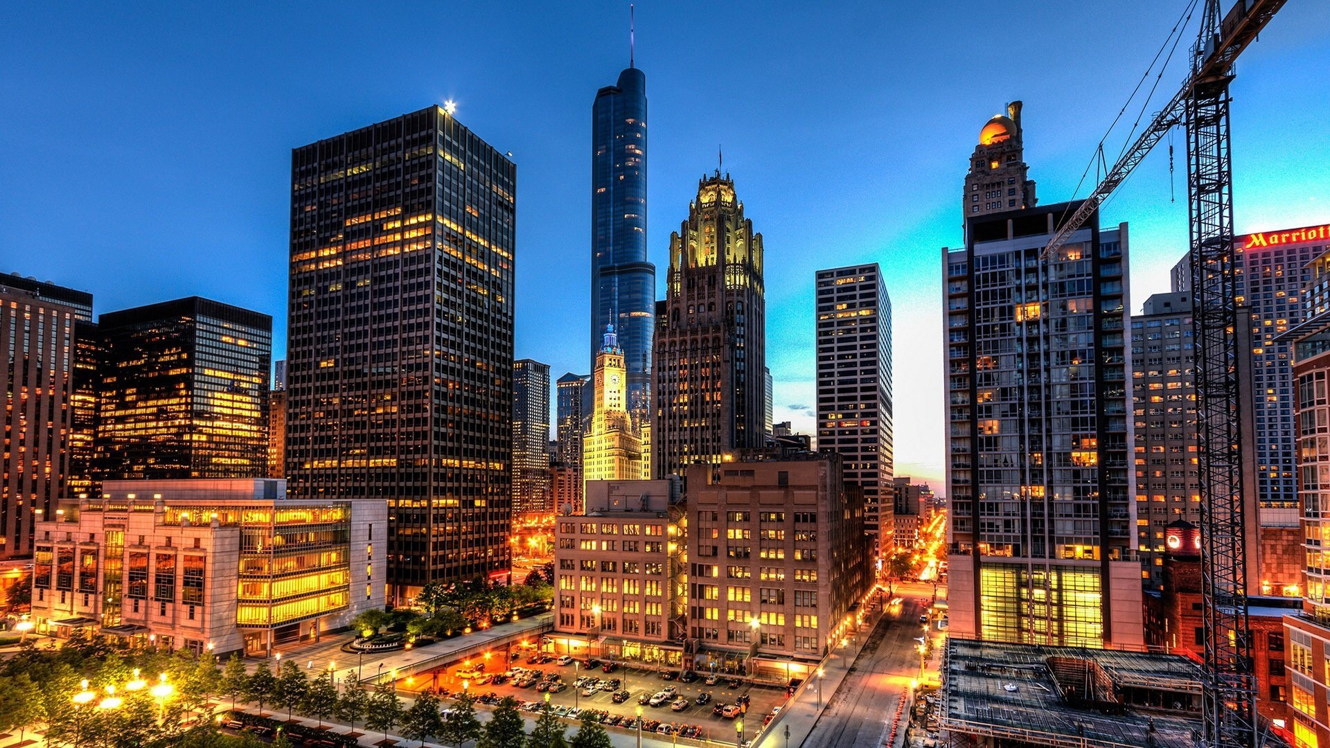 Chicago Skyline at Dusk with Crane HD Wallpaper