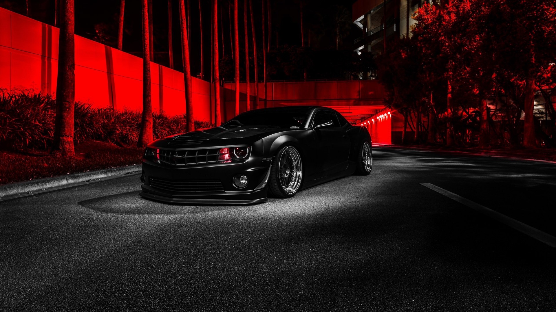 Black Chevrolet Camaro with red lighting HD Wallpaper