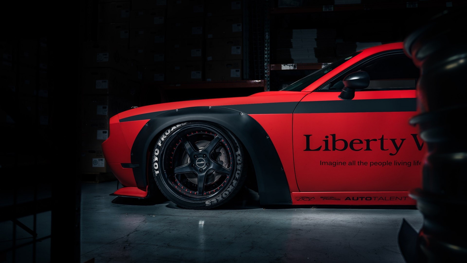 Red Dodge Challenger with Liberty Walk body kit HD Wallpaper