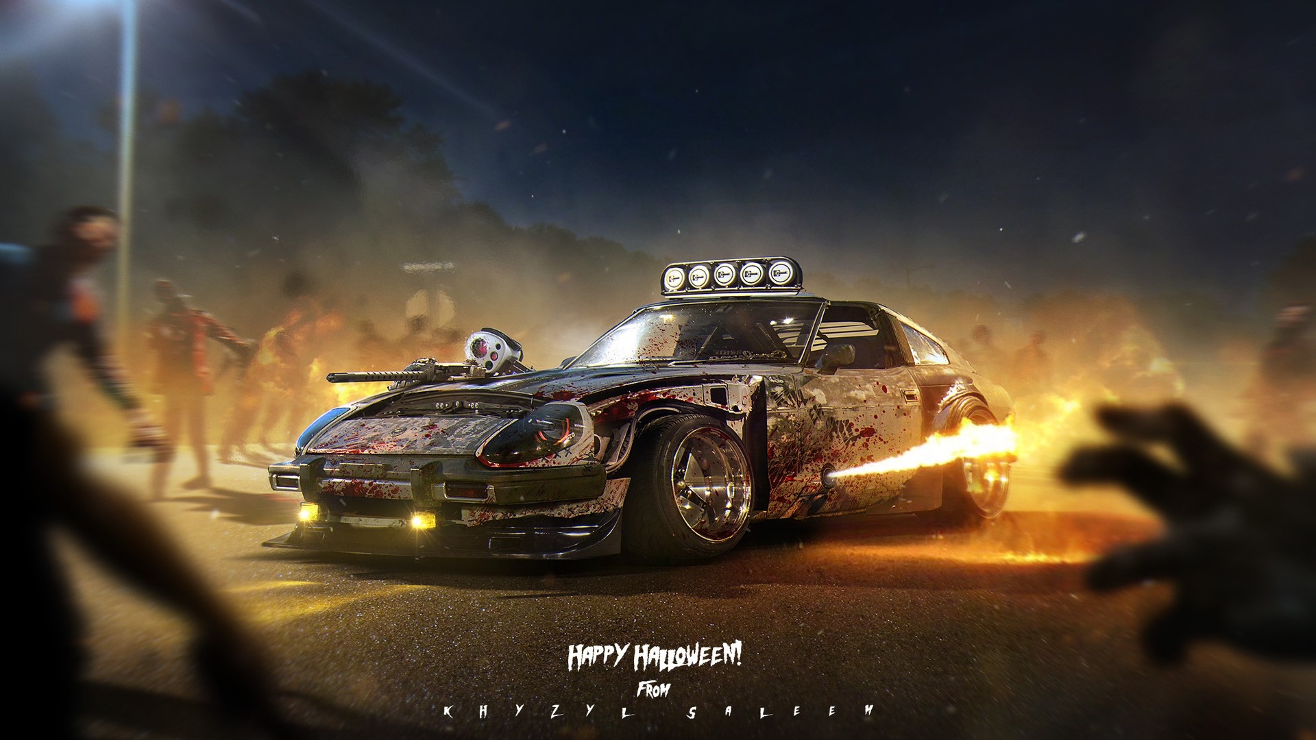 Halloween zombie car with machine gun HD Wallpaper