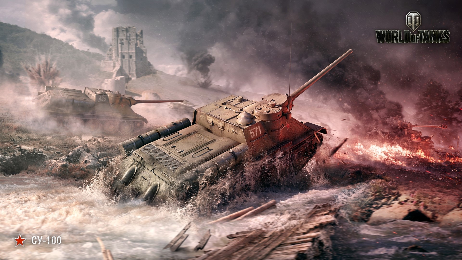 SU-100 tanks in battle in World of Tanks HD Wallpaper