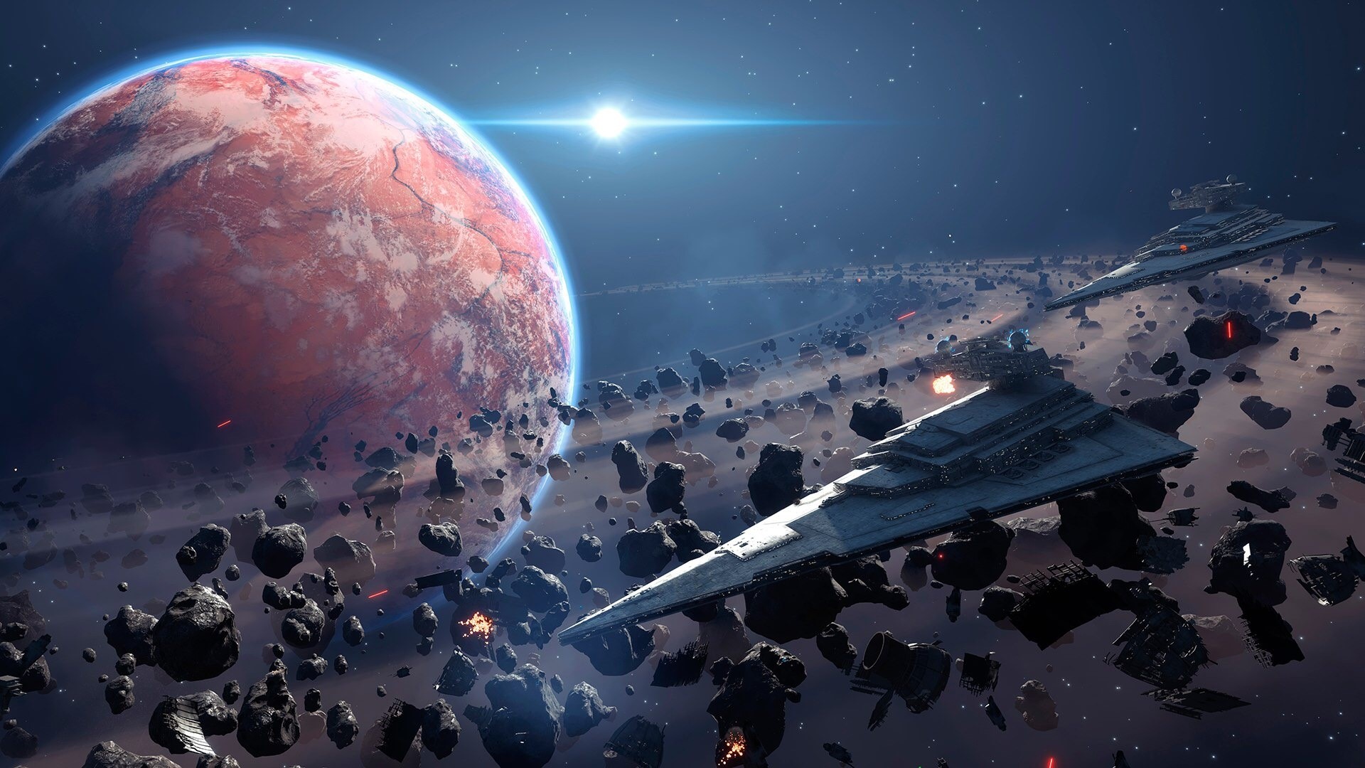 Star Destroyers in Asteroid Field near Planet HD Wallpaper