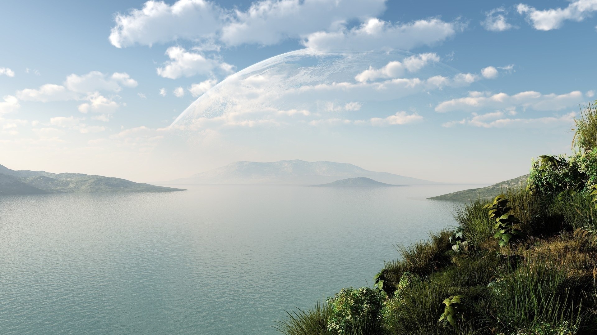 Alien planet landscape with large moon over water HD Wallpaper